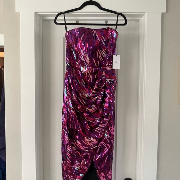 LPA Pink Strapless Wavy Sequin Cocktail Midi Dress - Small, NWT - Picture 3 of 8